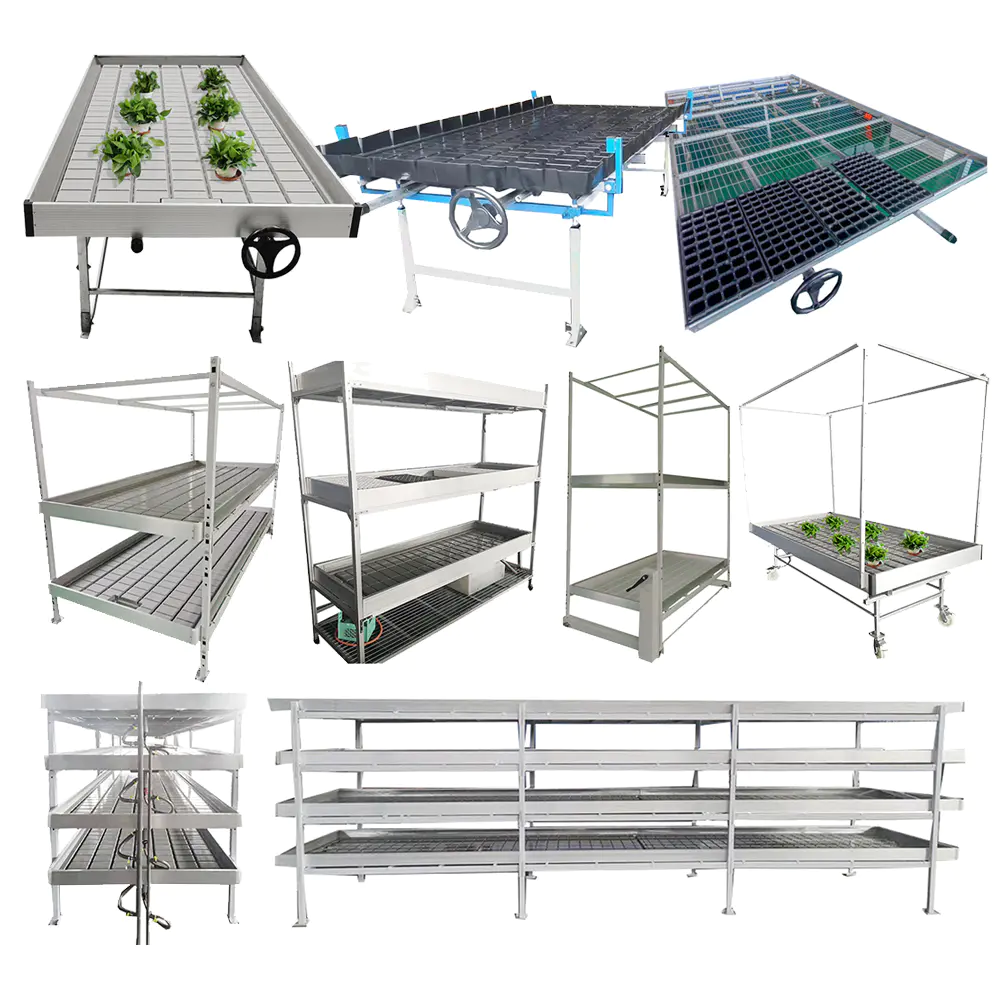 Multi-functional rolling benches and multi-tier nursery shelves for indoor farms.