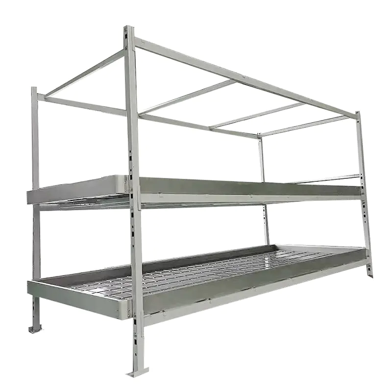 Heavy-duty double layer grow bench equipped with an upper frame for hanging lights.